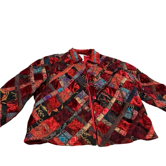 BOHO patchwork Jacket- Velvet and tapestry patch jacket vintage P Xl plush coat - Picture 1 of 10
